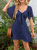 Smocked Back Knotted Flutter Sleeve Dress - Trendsi - Flyclothing LLC