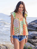 Lace Detail Printed Tie Neck Cap Sleeve Blouse - Trendsi - Flyclothing LLC