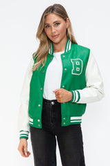 Love Me Now PU Leather Contrast Snap Down Bomber Jacket - Trendsi