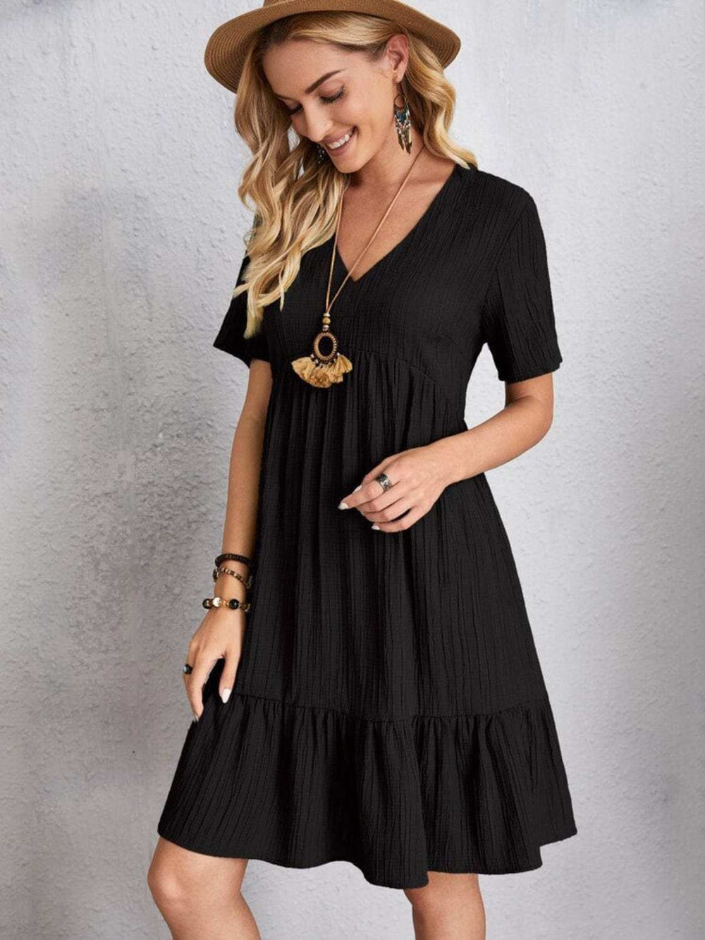 Full Size V-Neck Short Sleeve Dress - Trendsi - Flyclothing LLC