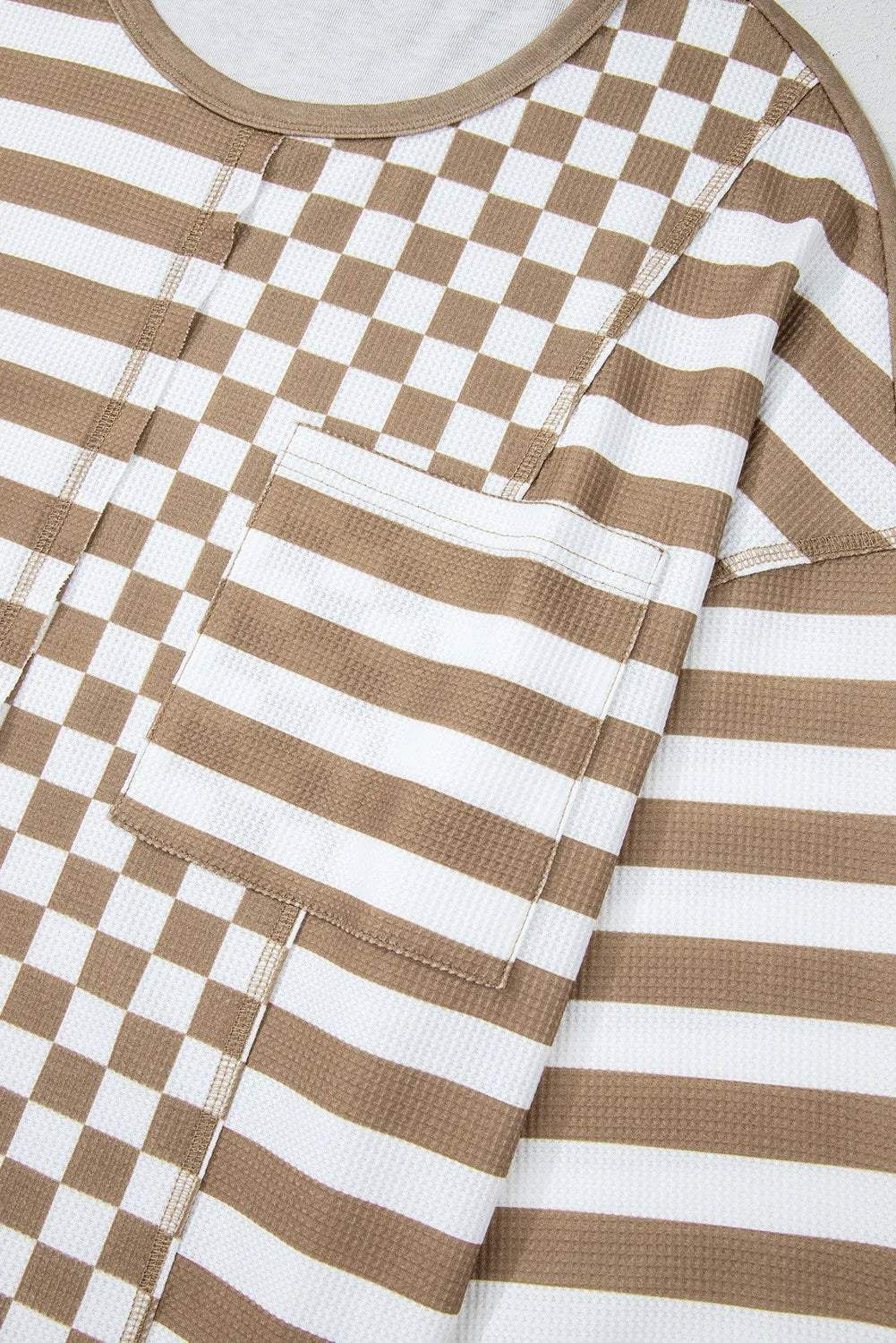 Checker & Stripes Round Neck Long Sleeve Blouse - Trendsi - Flyclothing LLC