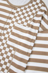 Checker & Stripes Round Neck Long Sleeve Blouse - Trendsi - Flyclothing LLC