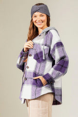 Drawstring Plaid Dropped Shoulder Hooded Shacket - Trendsi