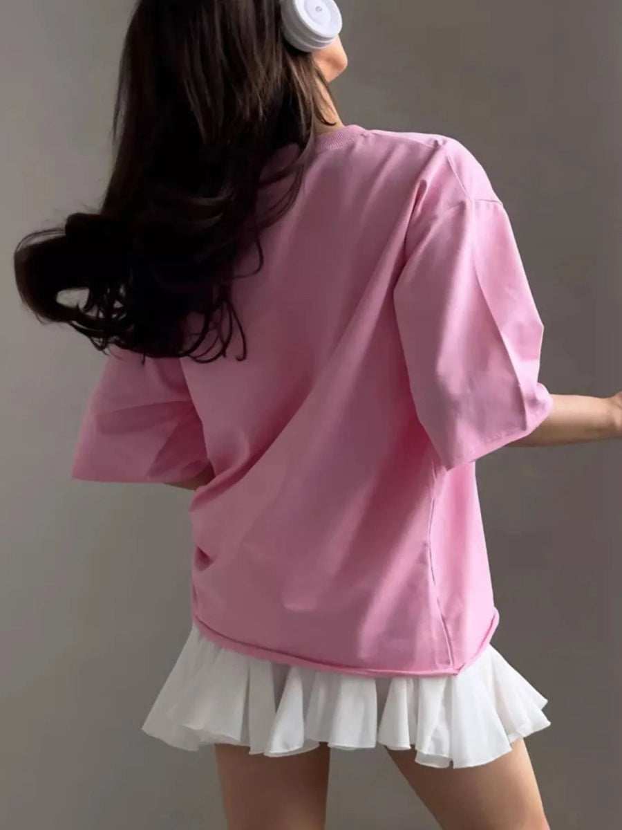 Round Neck Half Sleeve Oversized T-Shirt - Trendsi - Flyclothing LLC