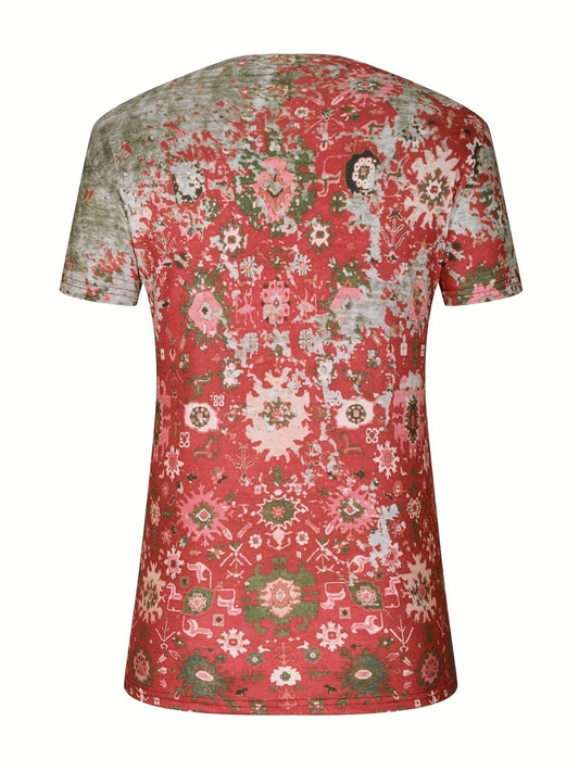 Full Size Printed Notched Short Sleeve Blouse - Trendsi