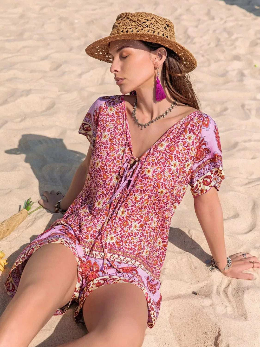 Printed V-Neck Short Sleeve Romper - Trendsi - Flyclothing LLC