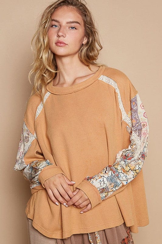 POL Waffle-Knit Lace Detail Round Neck Top - Trendsi