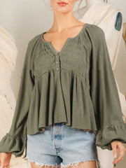 Notched Balloon Sleeve Peplum Blouse - Trendsi