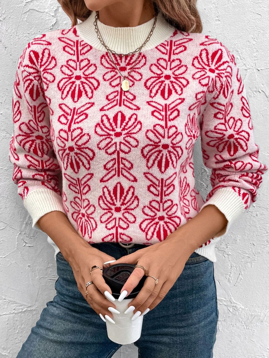 Flower Round Neck Long Sleeve Sweater - Trendsi