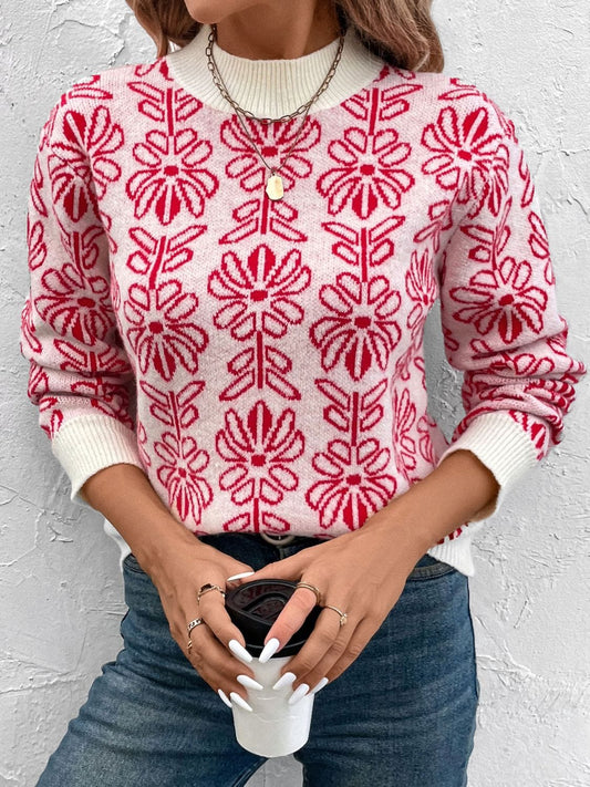 Flower Round Neck Long Sleeve Sweater - Trendsi