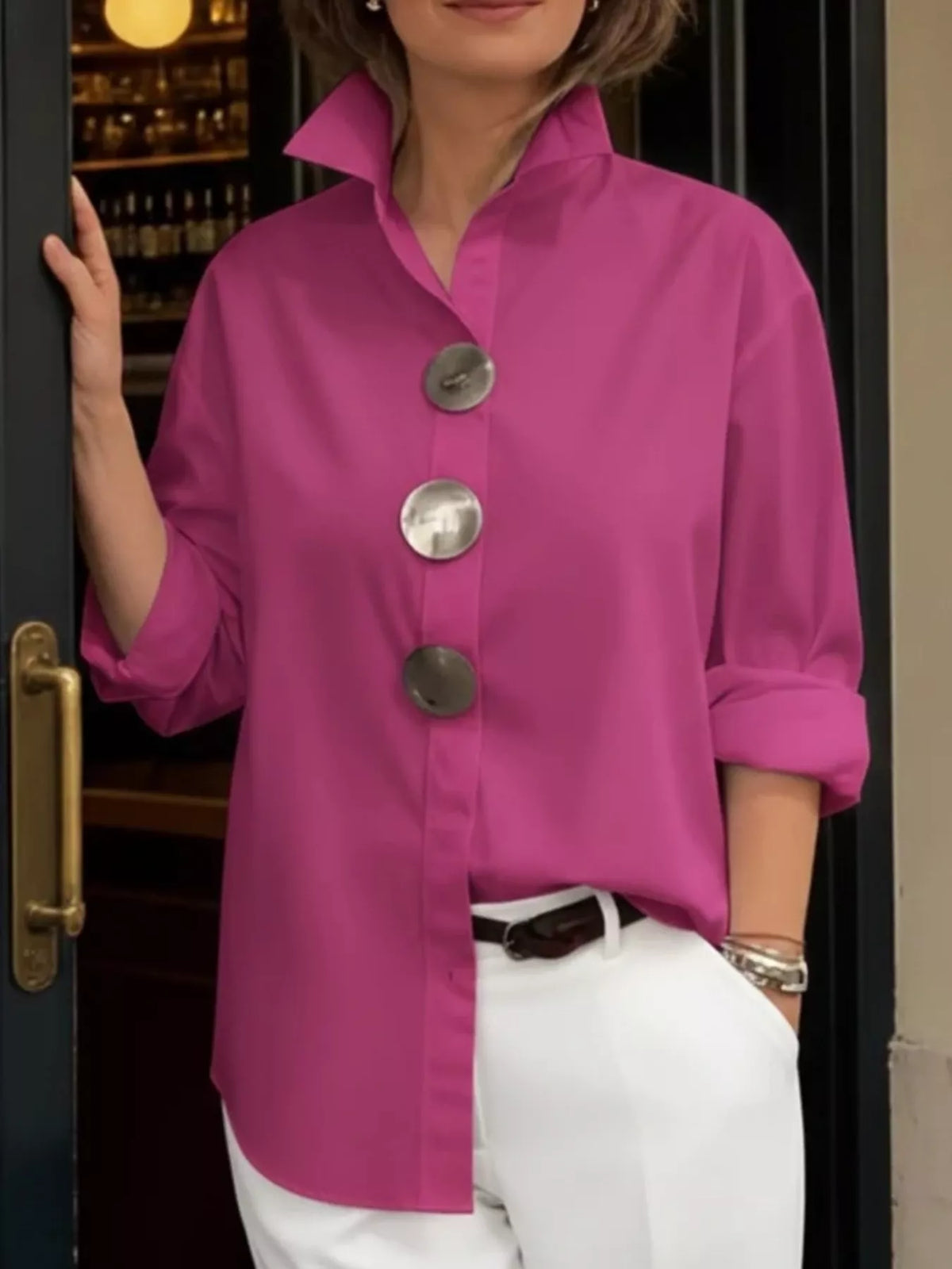 Full Size Oversized Metal Button Long Sleeve Shirt Plus Size - Trendsi - Flyclothing LLC