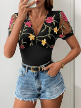 Perfee Embroidered V-Neck Floral Bodysuit - Trendsi - Flyclothing LLC