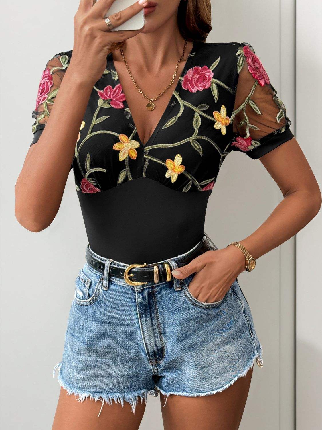 Perfee Embroidered V-Neck Floral Bodysuit - Trendsi - Flyclothing LLC