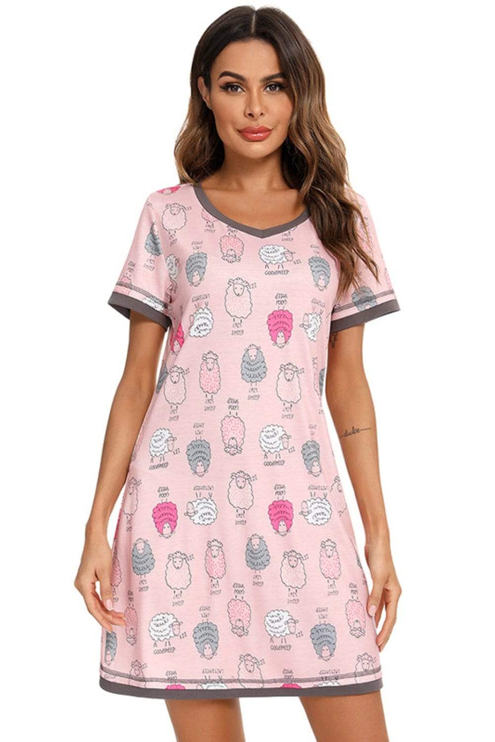 Contrast Trim Short Sleeve Lounge Dress - Trendsi - Flyclothing LLC
