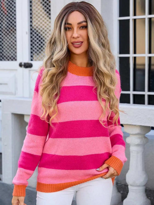 Contrast Striped Round Neck Sweater - Trendsi - Flyclothing LLC