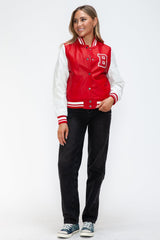 Love Me Now PU Leather Contrast Snap Down Bomber Jacket - Trendsi