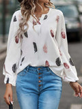 Feather Print Notched Balloon Sleeve Top - Trendsi - Flyclothing LLC