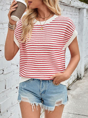 Lovelet Striped Round Neck Cap Sleeve Sweater - Trendsi
