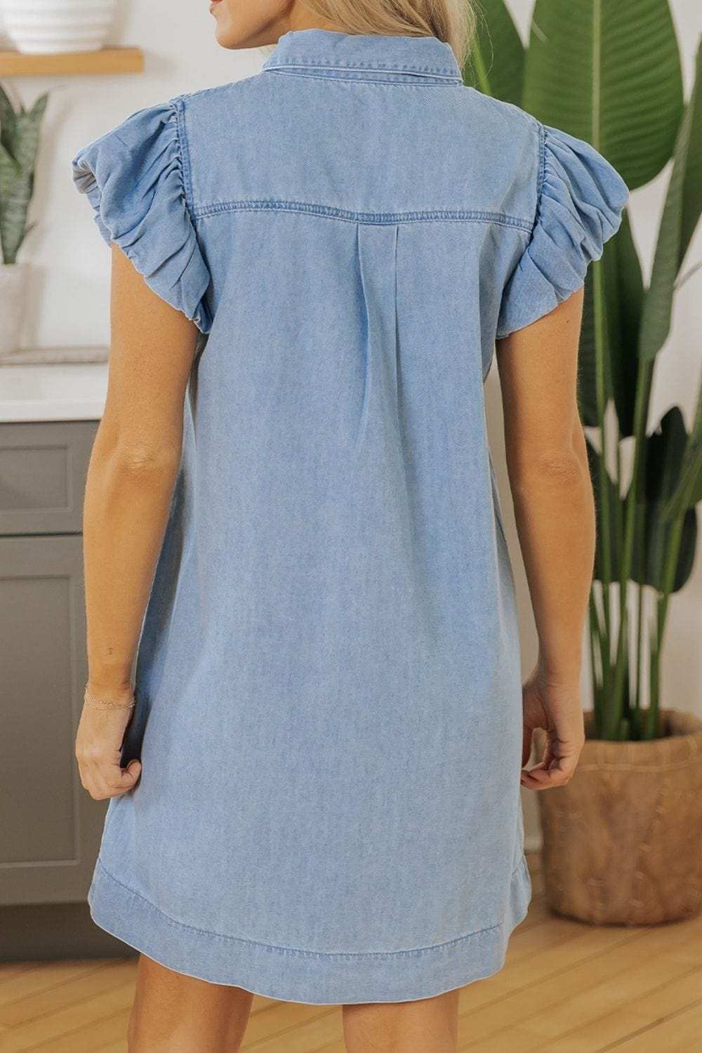 Smocked Collared Neck Cap Sleeve Denim Dress - Trendsi - Flyclothing LLC