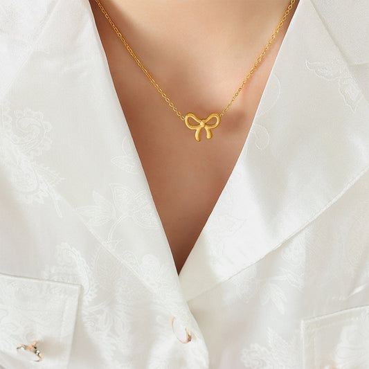 Gold-Plated Titanium Steel Bow Pendant Necklace - Trendsi