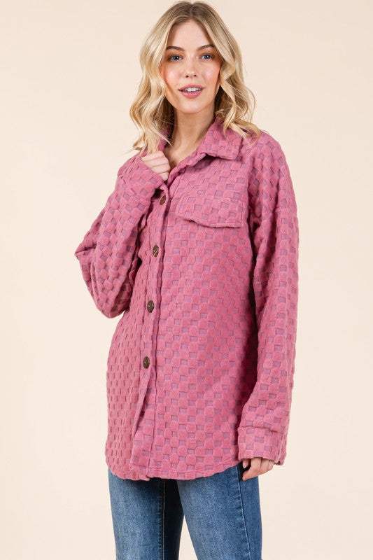 BOMBOM Checkered Button Down Dropped Shoulder Shacket - Trendsi - Flyclothing LLC