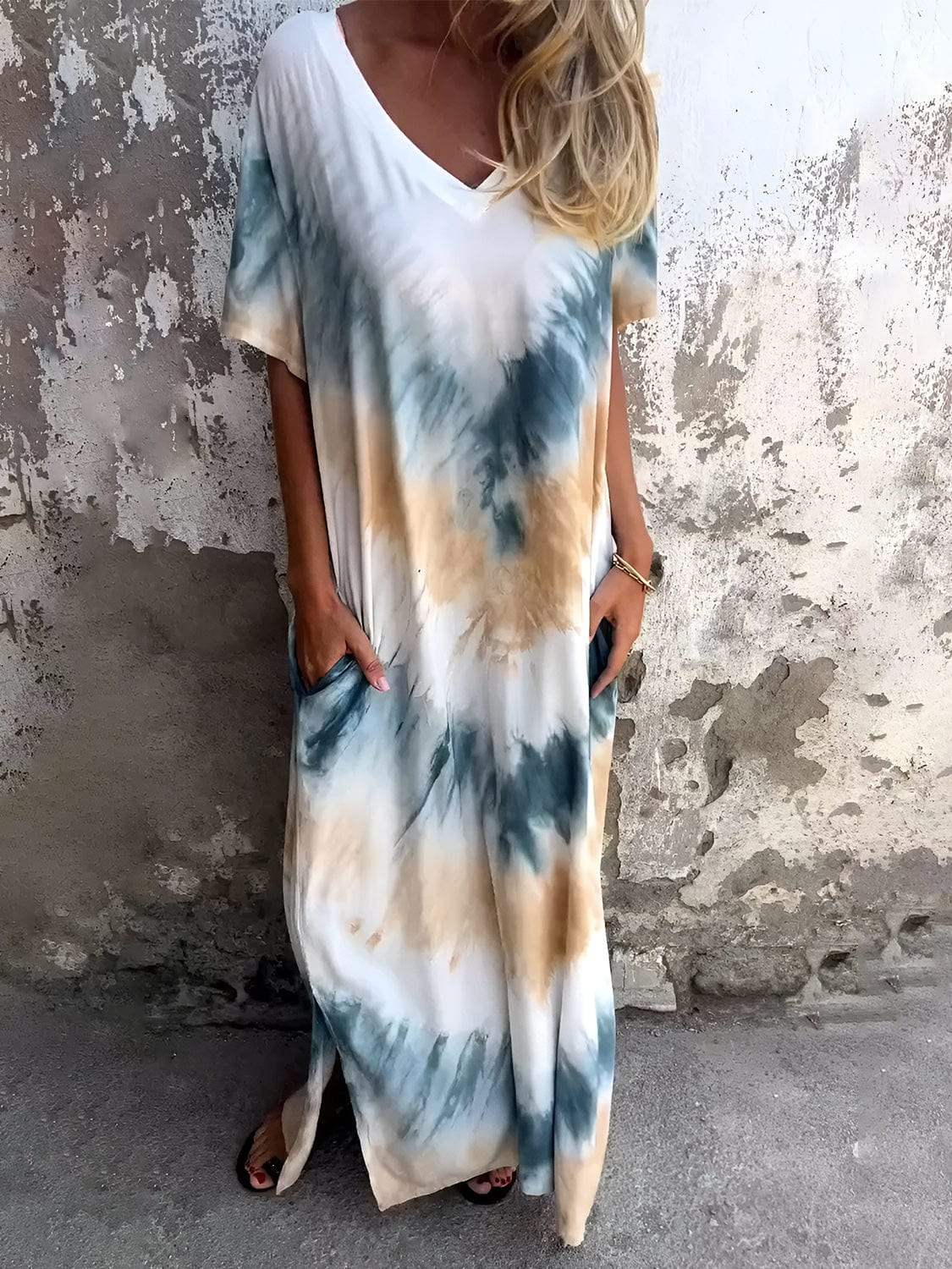 Full Size Pocketed Tie-Dye Short Sleeve Dress - Trendsi - Flyclothing LLC
