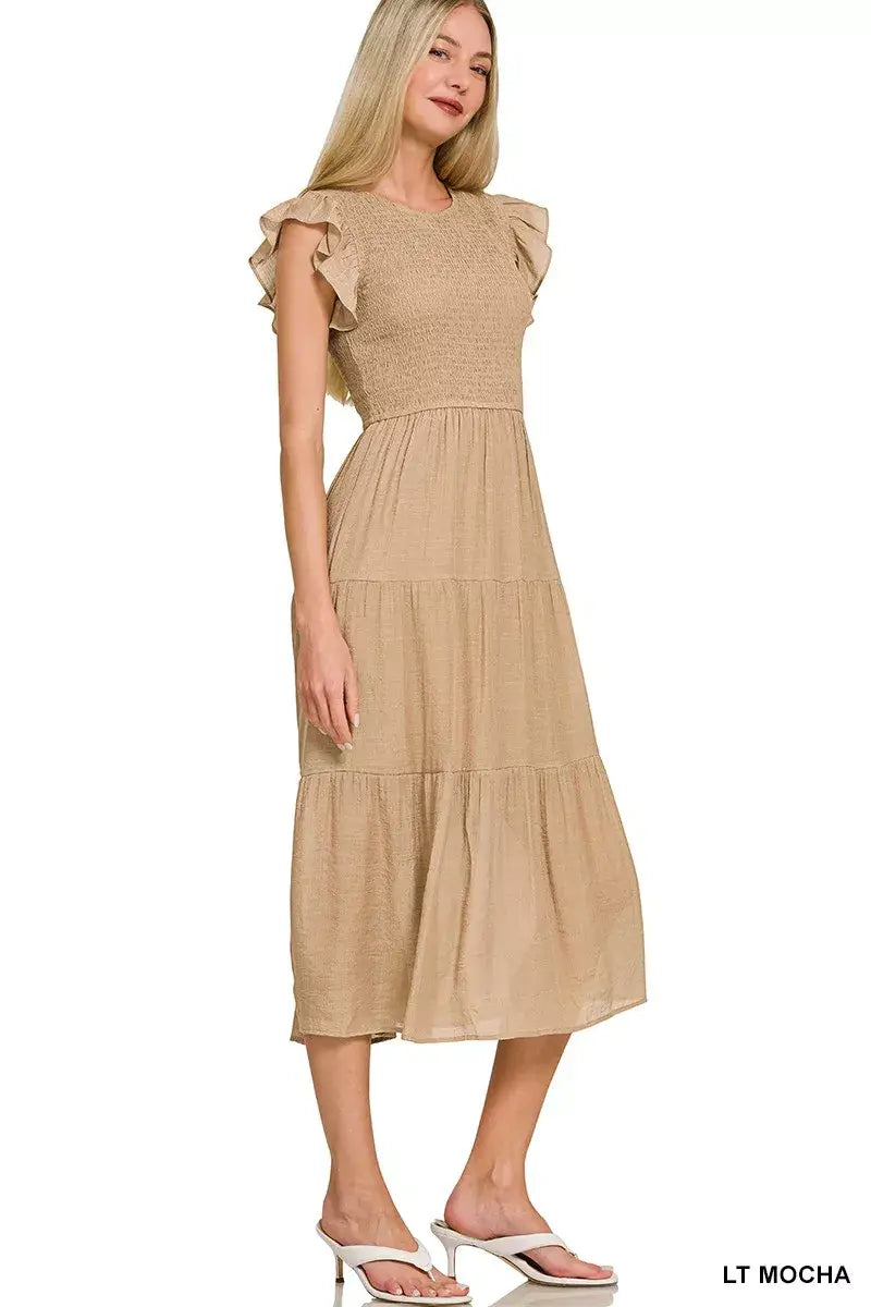 Zenana Woven Smocked Ruffle Sleeve Midi Dress - Trendsi - Flyclothing LLC