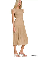 Zenana Woven Smocked Ruffle Sleeve Midi Dress - Trendsi - Flyclothing LLC
