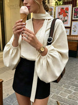 Crocodile-Embossed Surplice Balloon Sleeve Blouse - Trendsi - Flyclothing LLC