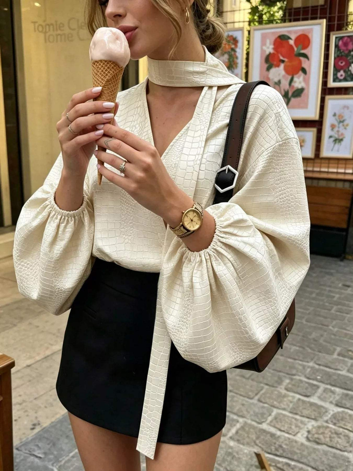 Crocodile-Embossed Surplice Balloon Sleeve Blouse - Trendsi - Flyclothing LLC