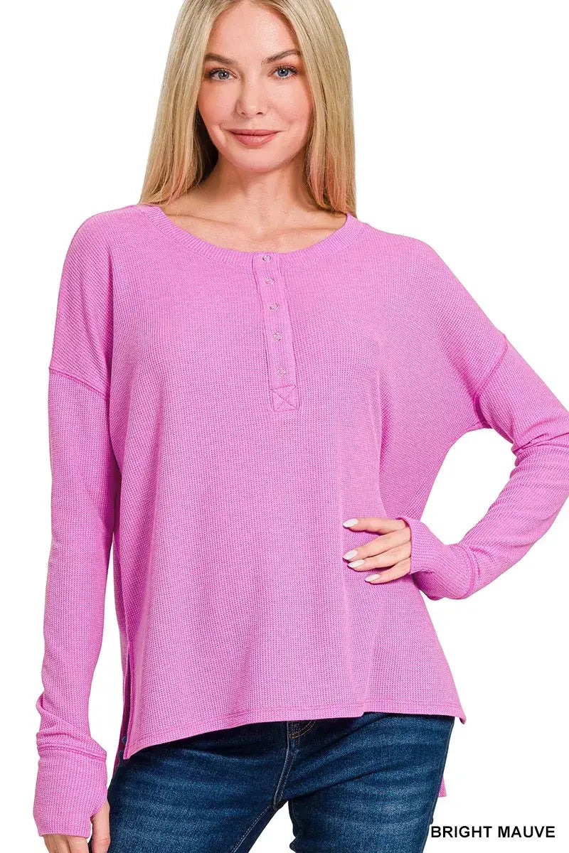 Zenana Waffle Thumb Hole Cuffs Henley Tee - Trendsi - Flyclothing LLC