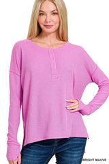 Zenana Waffle Thumb Hole Cuffs Henley Tee - Trendsi - Flyclothing LLC