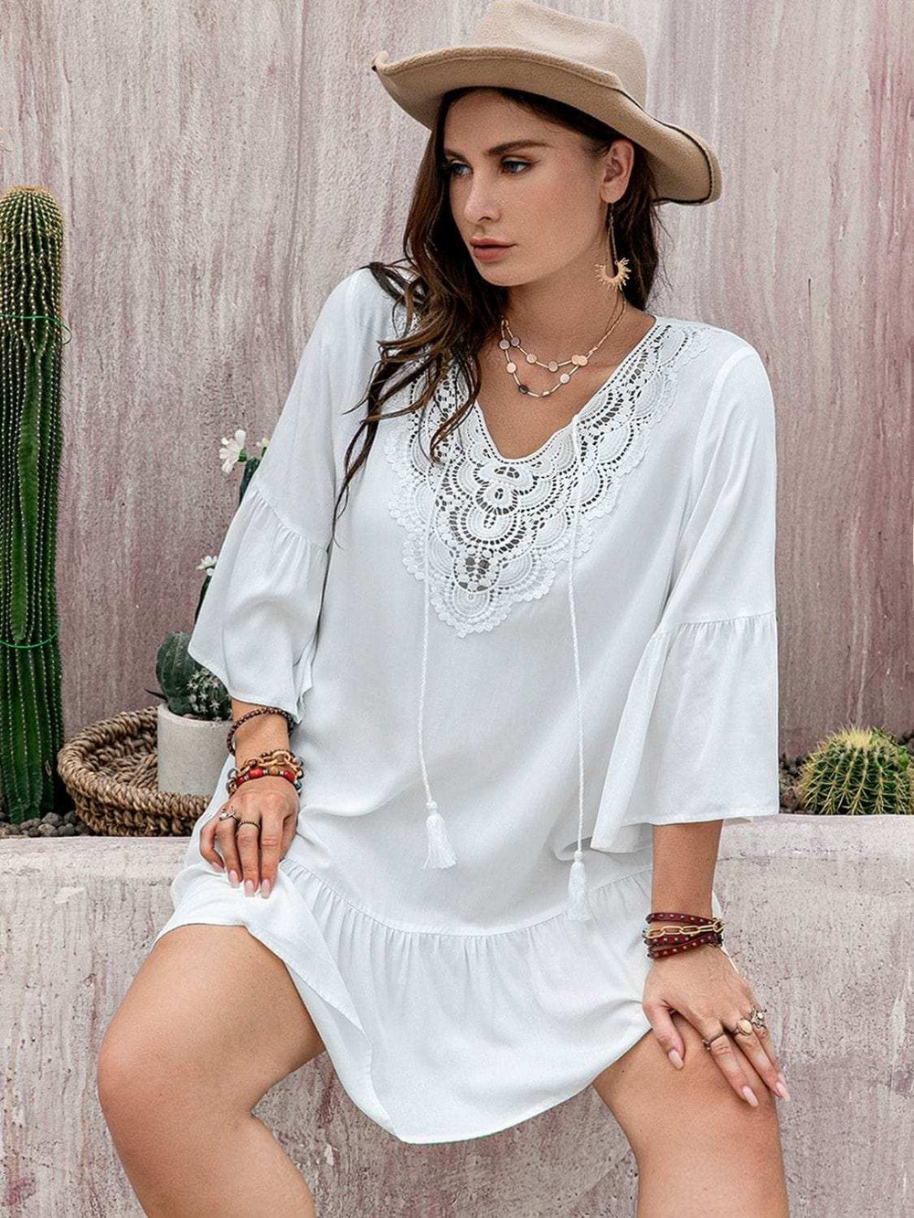 Plus Size Lace Detail Tie Neck Three-Quarter Sleeve Mini Dress - Trendsi - Flyclothing LLC