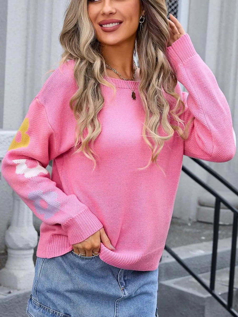 Angel Wings Flower Round Neck Dropped Shoulder Sweater - Trendsi - Flyclothing LLC