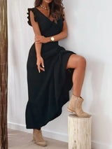 Ruffled V-Neck Cap Sleeve Maxi Dress - Trendsi - Flyclothing LLC