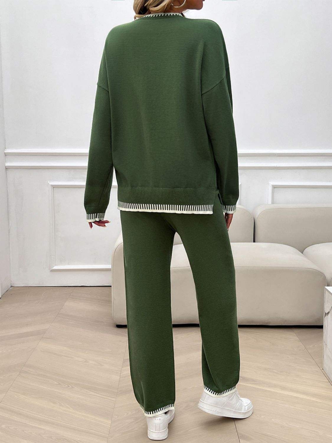 Round Neck Dropped Shoulder Top and Pants Sweater Set - Trendsi - Flyclothing LLC