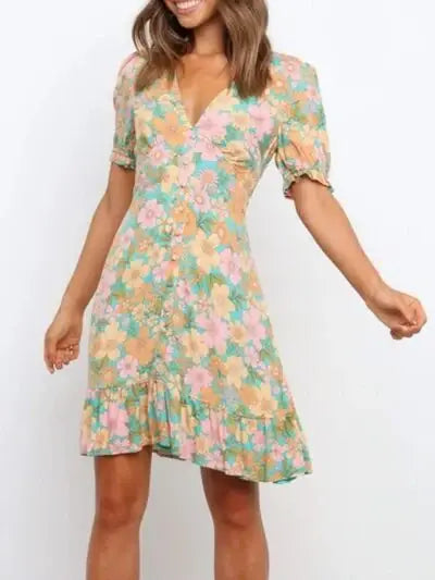 Ruffled Hem Printed Short Sleeve Mini Dress - Trendsi - Flyclothing LLC