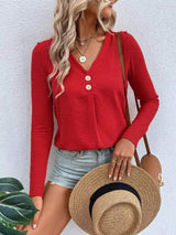 Full Size V-Neck Decor Button Long Sleeve T-Shirt Plus Size - Trendsi - Flyclothing LLC