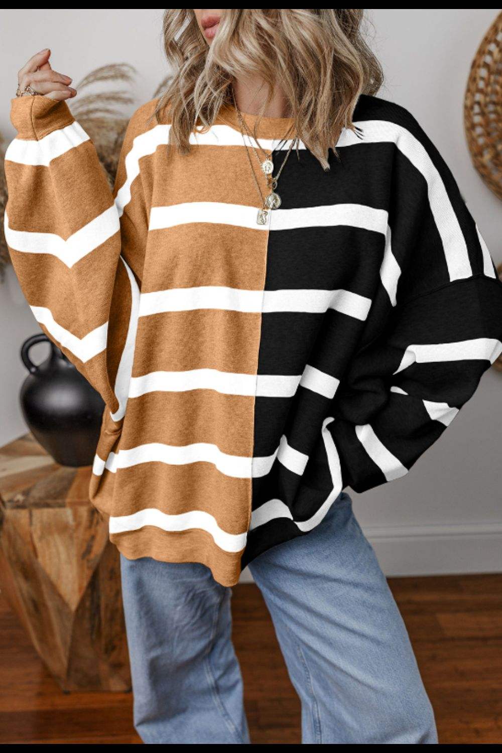 Contrast Striped Long Sleeve Sweatshirt - Trendsi - Flyclothing LLC