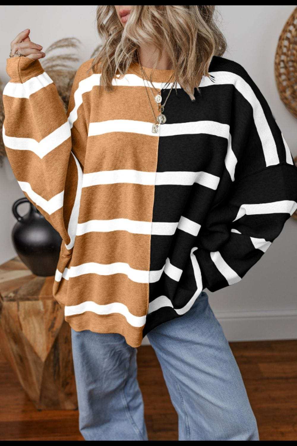 Contrast Striped Long Sleeve Sweatshirt - Trendsi - Flyclothing LLC
