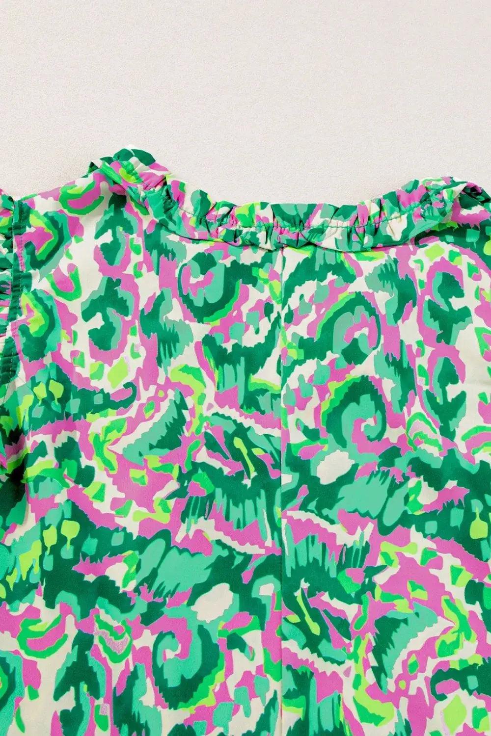 Abstract Print Ruffled Trim Tie Neck Top - Trendsi - Flyclothing LLC