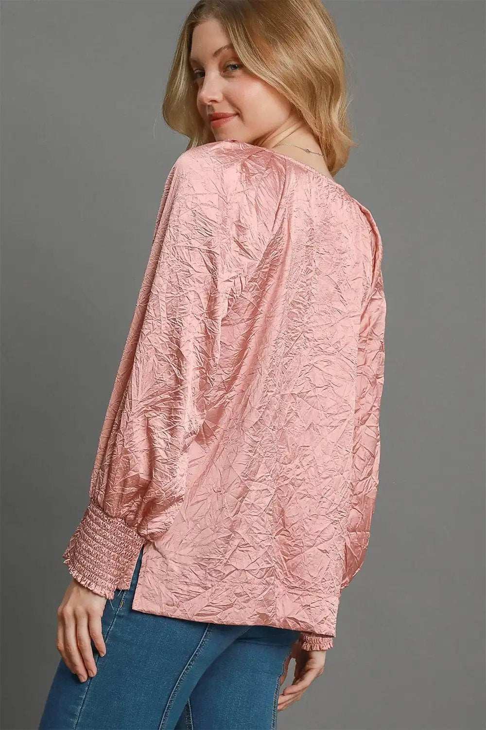 Umgee Wrinkled Round Neck Lantern Sleeve Blouse - Trendsi - Flyclothing LLC