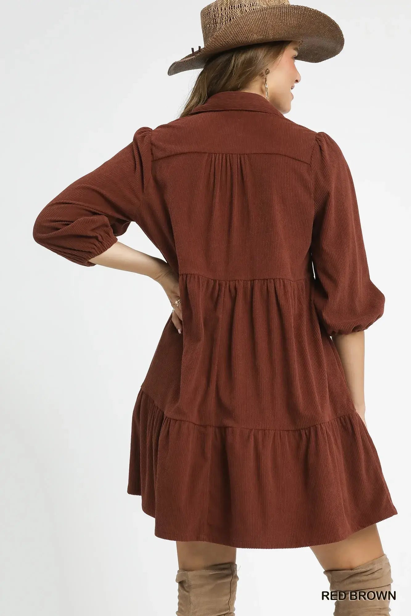 Umgee Tiered Corduroy Mini Dress with Balloon Sleeves - Trendsi - Flyclothing LLC