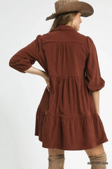 Umgee Tiered Corduroy Mini Dress with Balloon Sleeves - Trendsi - Flyclothing LLC