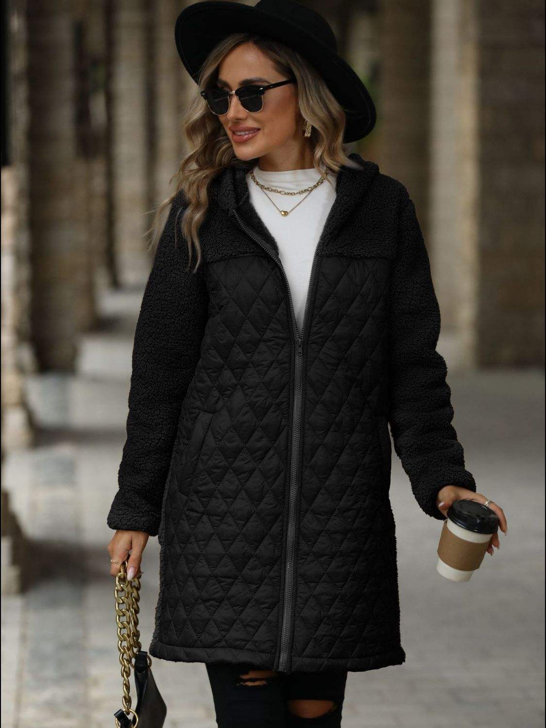 Texture Zip Up Long Sleeve Hooded Coat - Trendsi - Flyclothing LLC