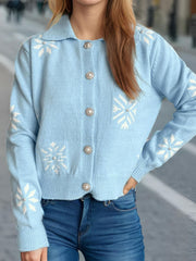 Pearl Trim Collared Neck Long Sleeve Cardigan - Trendsi