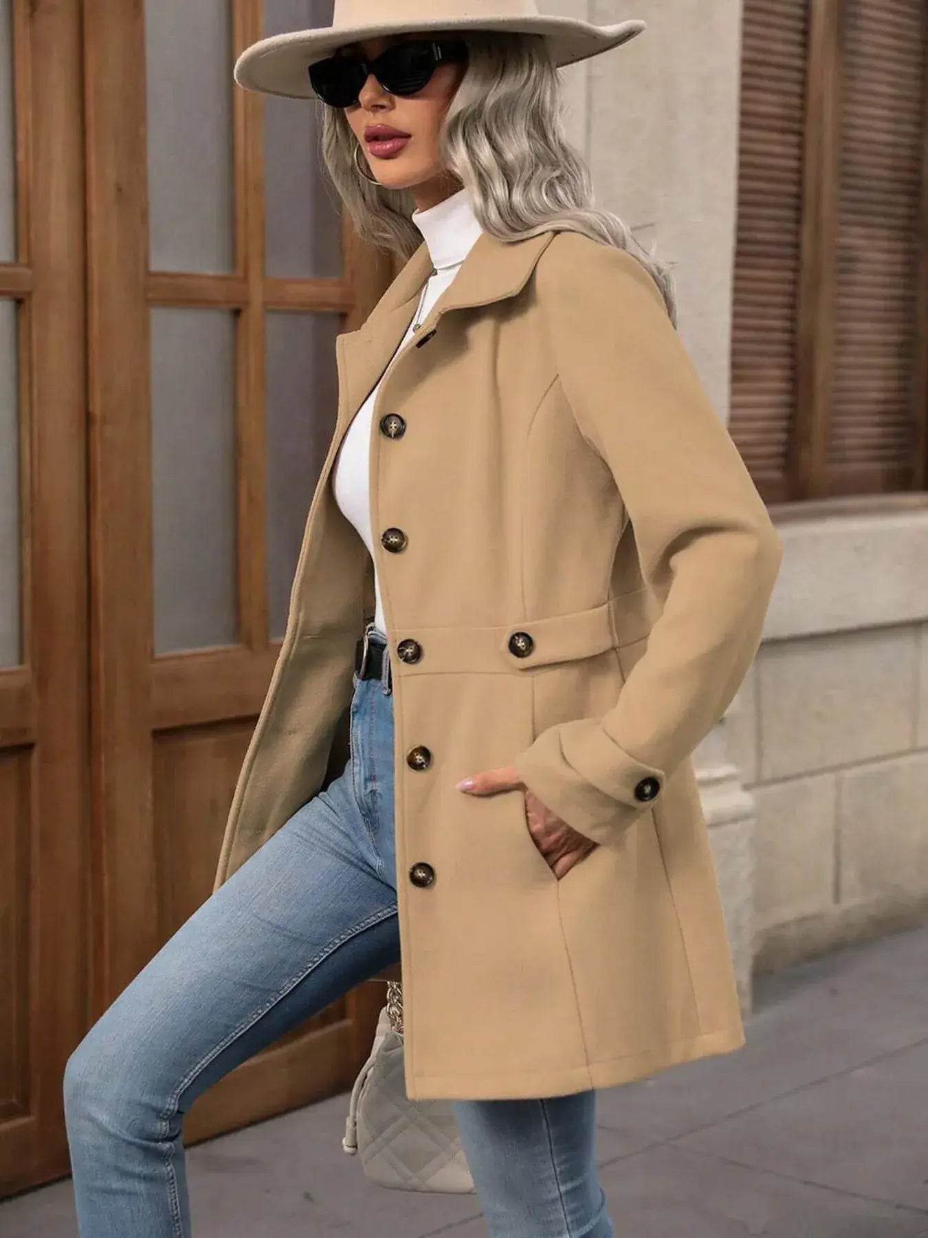Button Up Long Sleeve Coat - Trendsi - Flyclothing LLC