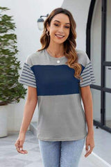 Color Block Round Neck Short Sleeve T-Shirt - Trendsi - Flyclothing LLC
