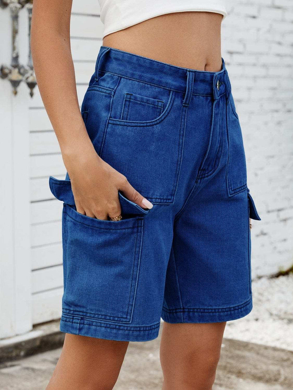 High Waist Denim Shorts with Cargo Pockets - Trendsi - Flyclothing LLC