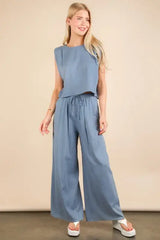 VERY J Solid Woven Top & Pants Set - Trendsi - Flyclothing LLC